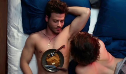 Francois Arnaud, Rebecca Hall, and pancakes in Permission
